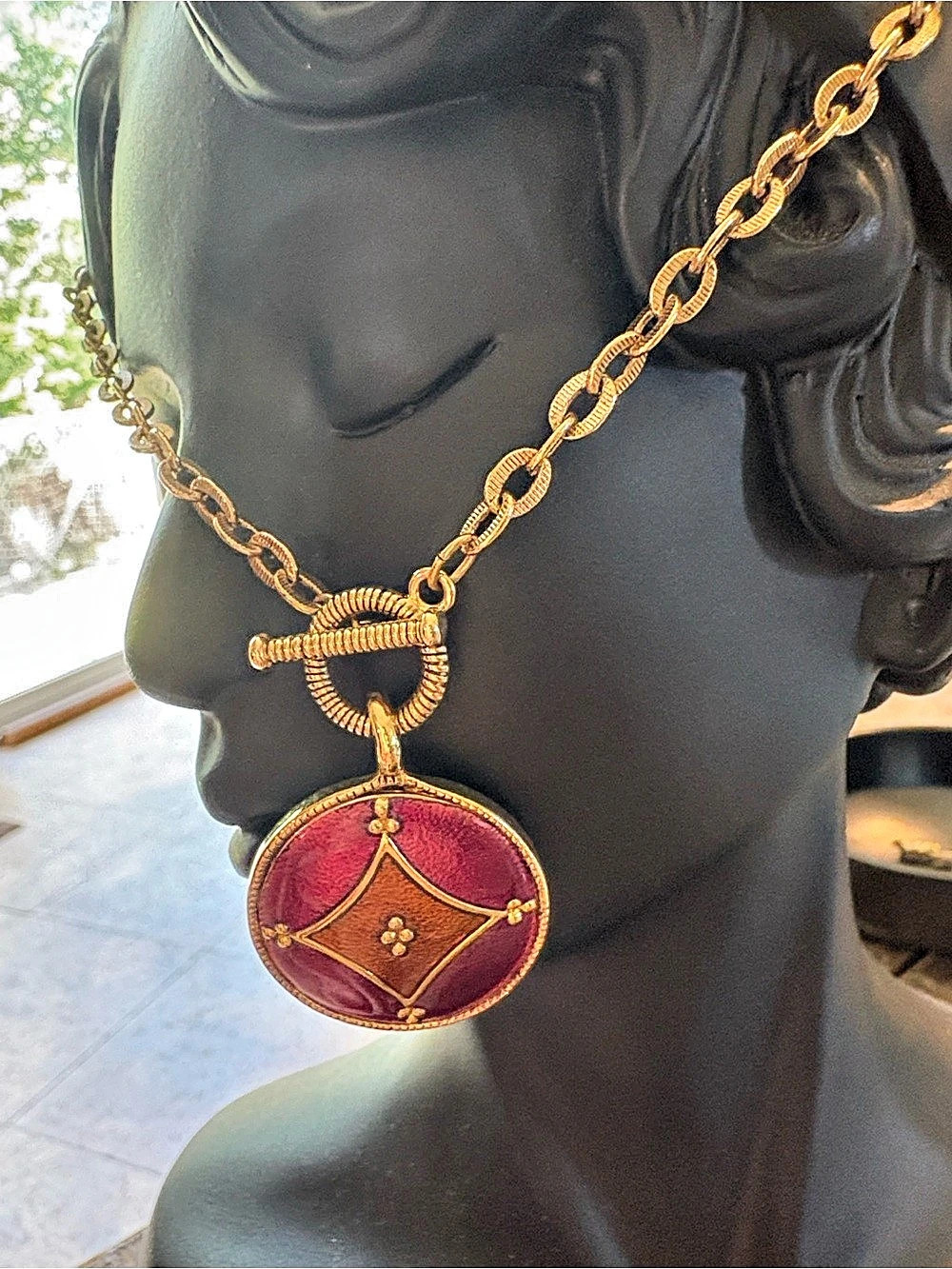 Vintage Enamel Toggle Gold-Tone Pendant Necklace